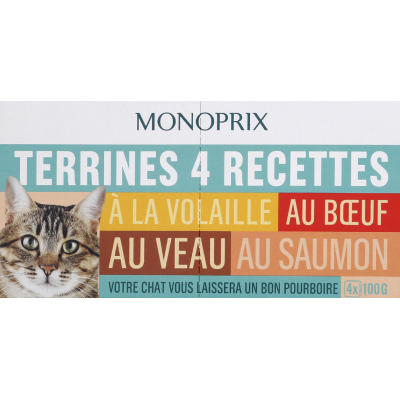 Monoprix terrines pour chat 4 recettes volaille boeuf lapin