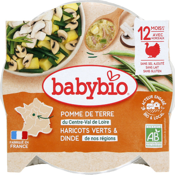 Babybio assiette pomme de terre haricots et dinde bio dès 12 mois 230g