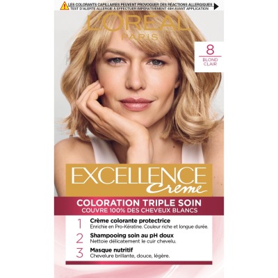 Coloration Permanente 8u Blond Universel Sans Ammoniaque Couvre 100% Cheveux Blancs Excellence Nude 'oreal Paris La Boîte De Coloration