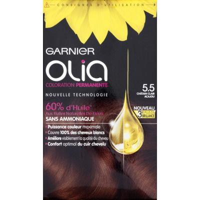 Coloration Permanente 5.5 Châtain Acajou Sans Ammoniaque Activée Par 'huile Olia Garnier La Boîte De Coloration