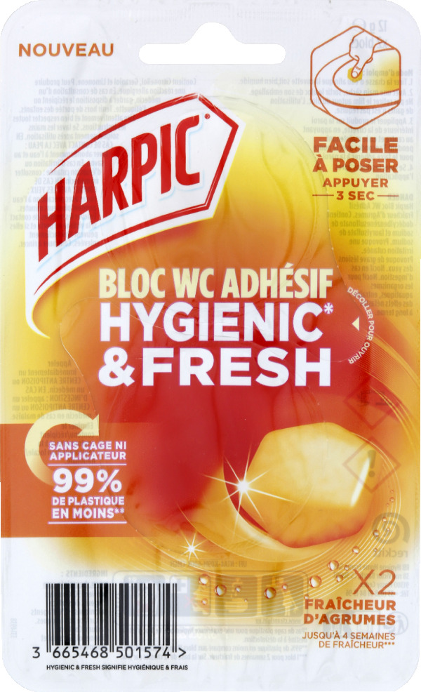 Bloc Wc Adhésif Hygienic & Fresh Brise Fraîcheur D'agrume Harpic 1 Étui De 2 Bloc