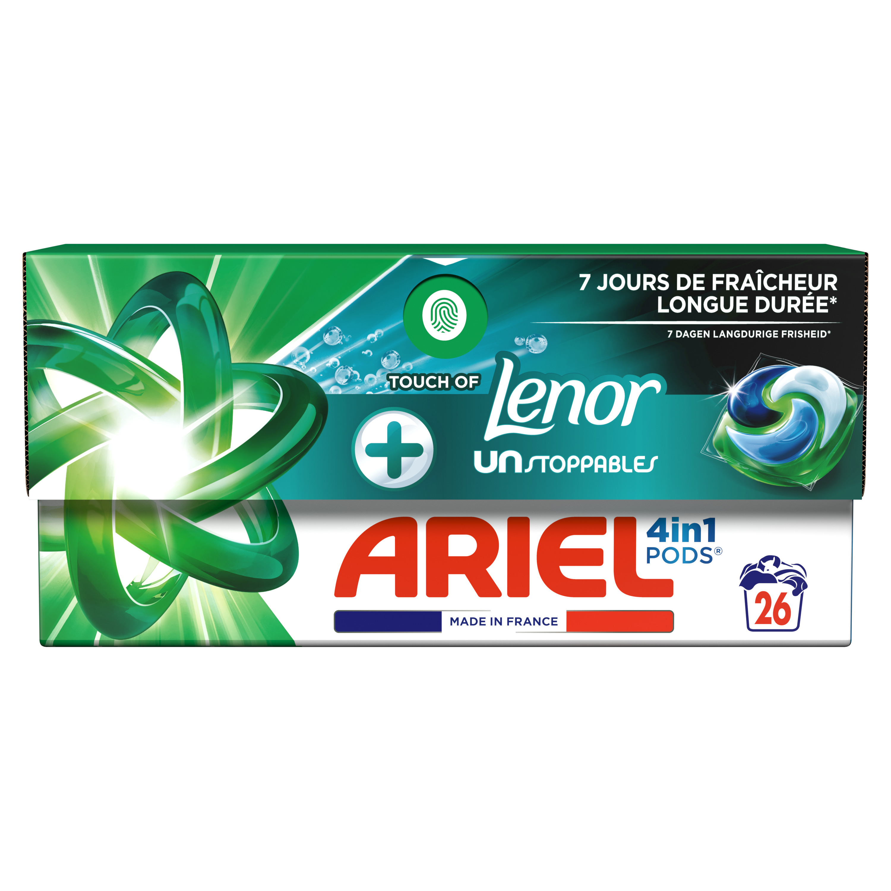 Lessive Capsules 4en1 Touch Of Lenor Unstoppables Ariel La Boite De 26 Capsules